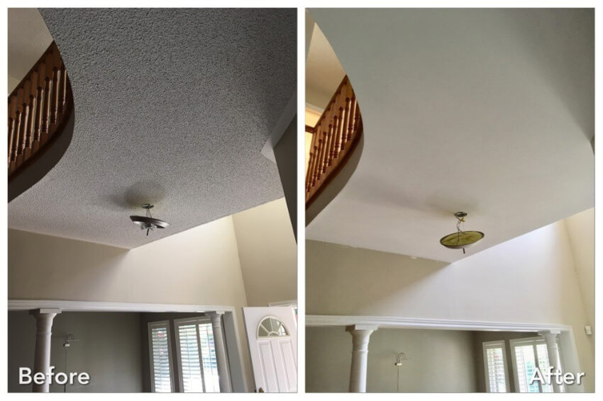 A high entryway ceiling before popcorn removal and after a smooth finish